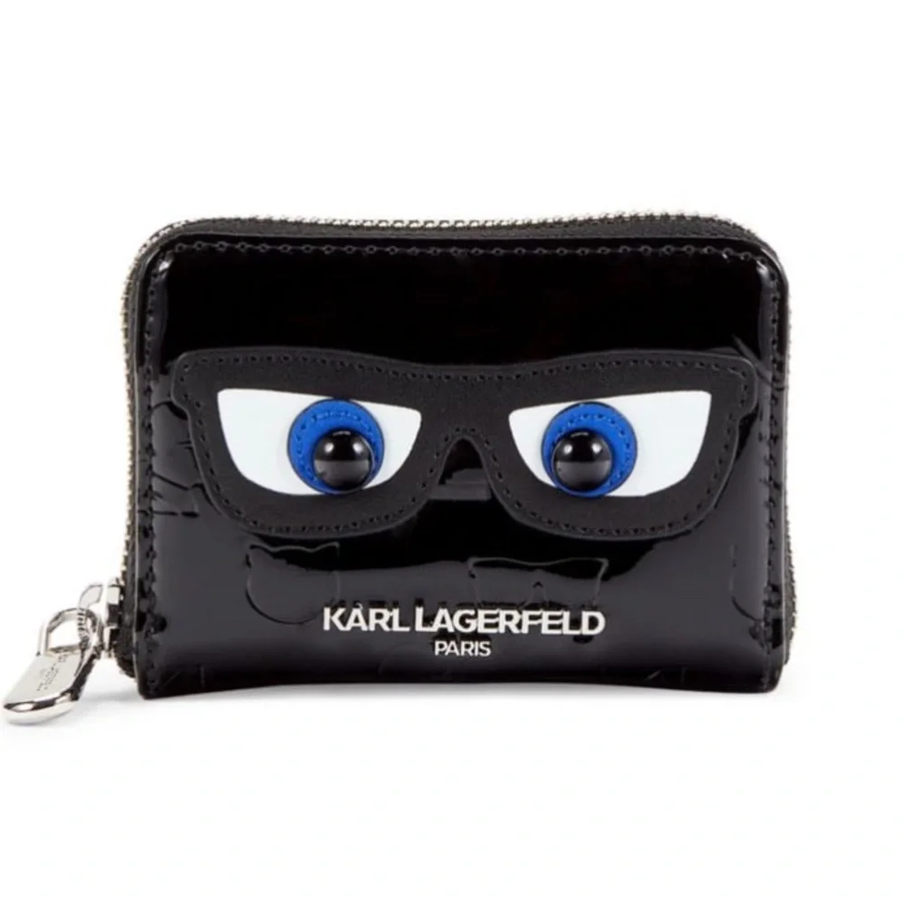 NEW Karl Lagerfeld Black Faux Patent Leather Compact Wallet - Picture 1 of 4